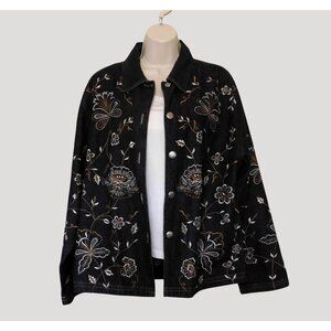New Direction Embroidered Denim  Jacket Large Black Floral Beaded Metal Buttons